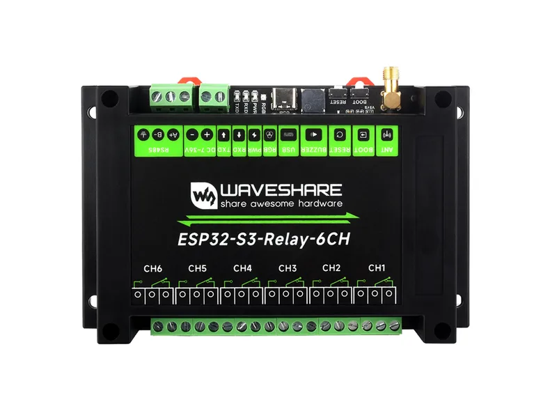Промышленный 6-канальный релейный модуль ESP32-S3 WiFi, поддерживает управление WiFi / Bluetooth / RS485, встроенные интерфейсы RS485 / Pico HAT
