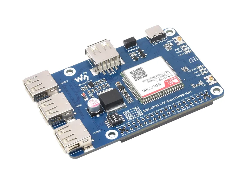 Cat-1/GNSS HAT для Raspberry Pi, на базе модуля SIM7670G, поддержка глобального многодиапазонного LTE 4G Cat-1, позиционирование GNSS, 3 расширенных порта USB 2.0