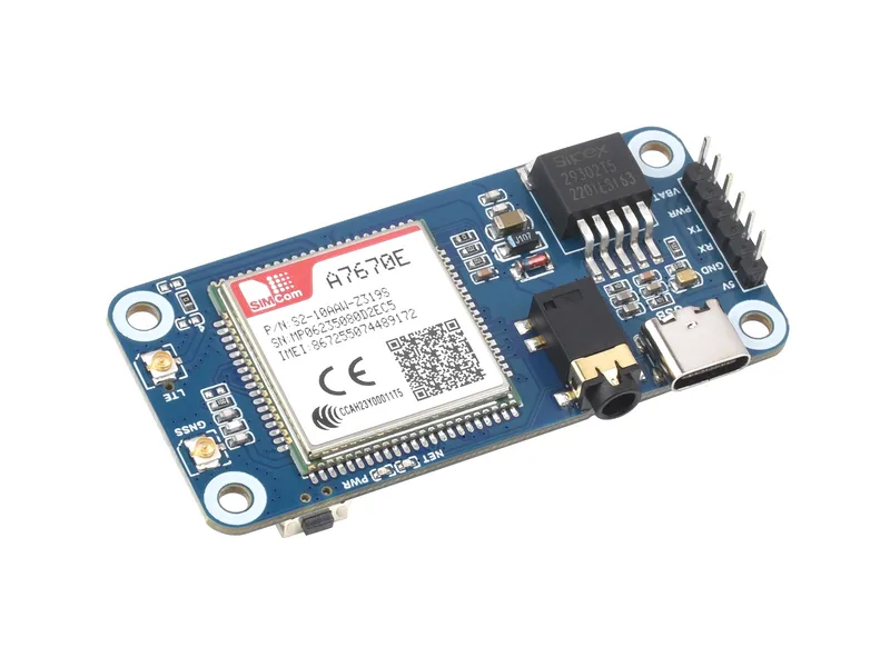 Шляпа Cat-1/GSM/GPRS/GNSS для Raspberry Pi, на базе модуля A7670E, поддержка LTE Cat-1/2G, позиционирование GNSS