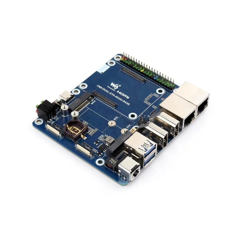 Базовая плата с двумя Ethernet для Raspberry Pi CM5, поддерживает модуль 4G / 5G, два выхода дисплея 4K и два интерфейса MIPI, встроенный 40-контактный разъем GPIO и два порта USB 3.2 Gen 1, поддержка модуля PoE