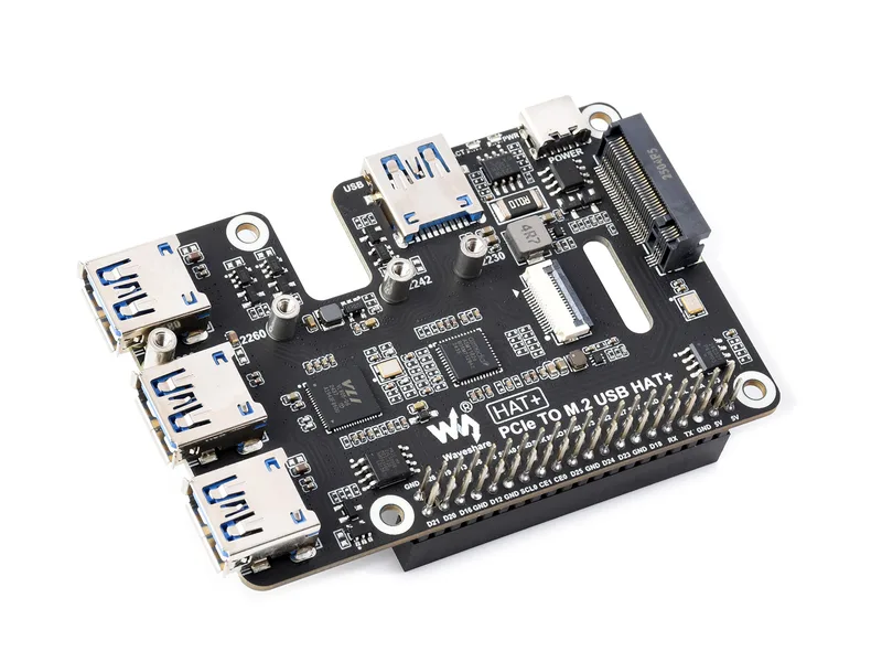 PCIe для USB 3.2 Gen 1 и M.2 HAT для Raspberry Pi 5, поддерживает твердотельный накопитель по протоколу NVMe, расширяет 4-канальные порты USB 3.2, высокоскоростное чтение/запись, стандарт HAT+