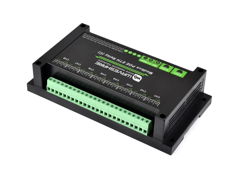 8-канальный релейный модуль с двумя портами Ethernet (C), протокол Modbus RTU, источник питания PoE, с различными схемами изоляции и защиты, корпус для монтажа на рейку промышленного класса