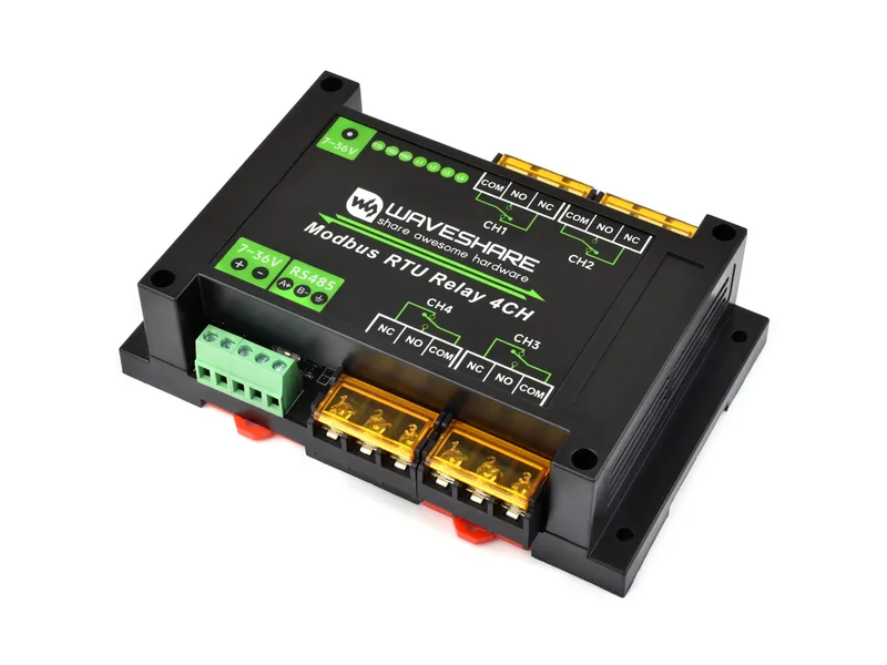 Промышленный 4-канальный сильноточный релейный модуль Modbus RTU с интерфейсом RS485, встроенными светодиодными индикаторами, схемами мультиизоляционной защиты, корпусом для монтажа на рейку промышленного класса