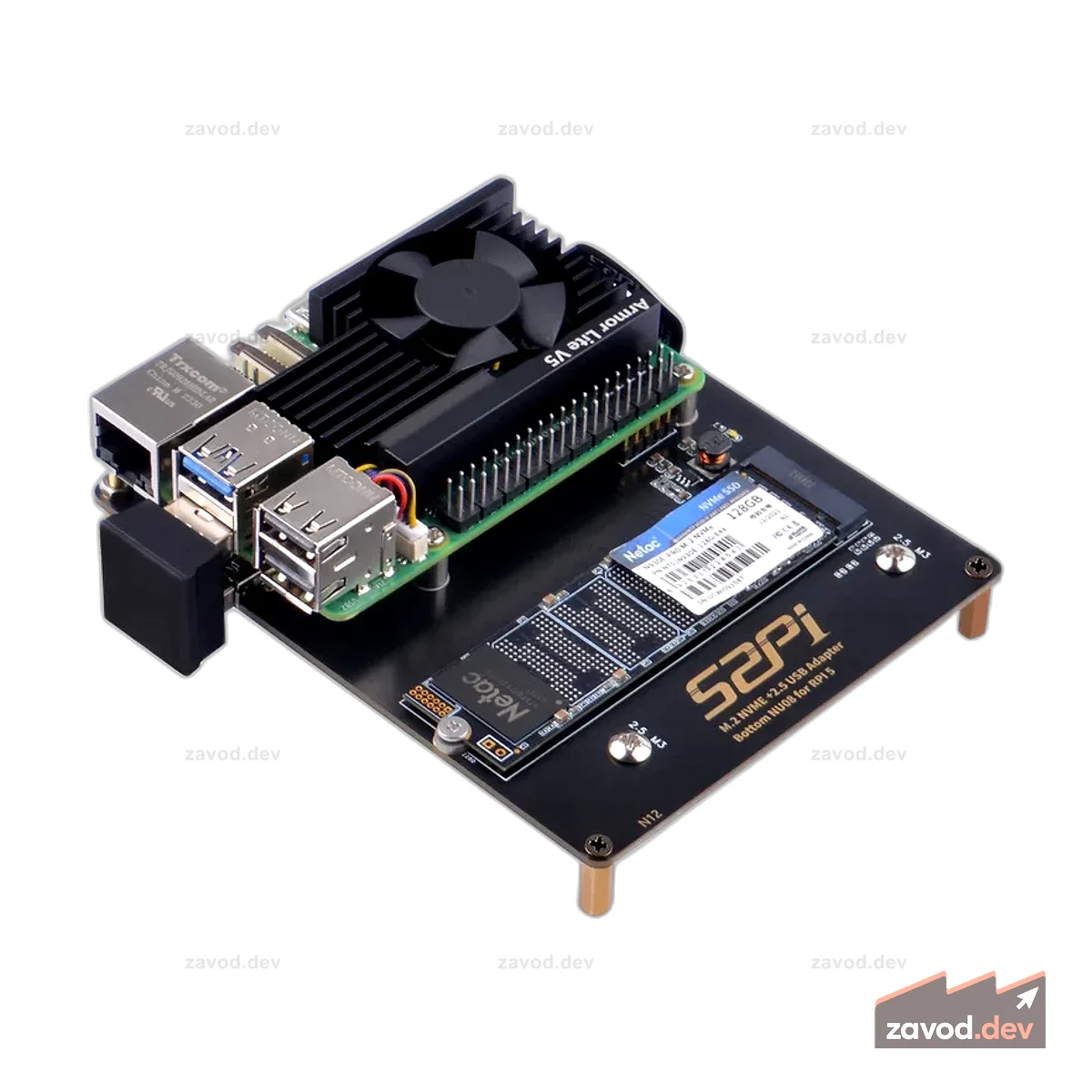 52Pi M.2 NVME + USB-адаптер 2,5 снизу NUO8 для Raspberry Pi 5, поддержка твердотельных накопителей M.2 NVMe 2230/2242/2260/2280