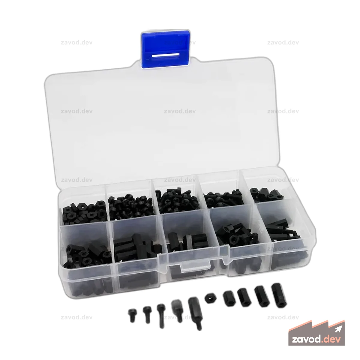 380-teiliges Nylon Abstandshalter Sortiment в Kunststoffbox, M2,5, черный