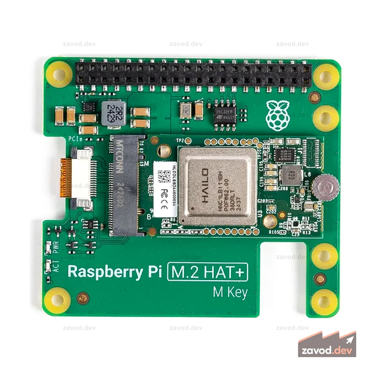 Комплект Raspberry Pi Al включает в себя Raspberry Pi M.2 HAT+ с модулем ускорения Hailo Al для использования с Raspberry Pi 5.