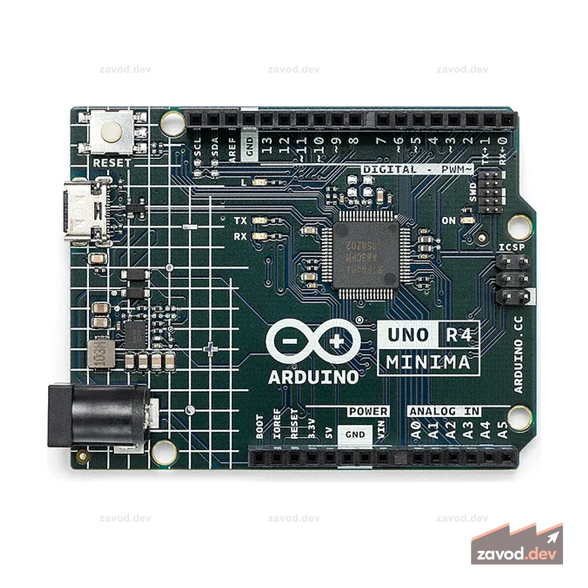 Arduino UNO Rev4 Minima, 32-битный микропроцессор, Arm® Cortex®-M4, 12-битный ЦАП, CAN BUS и OP AMP, 6–24 В, разъем SWD, поддержка HID