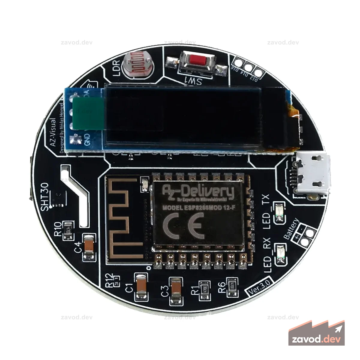 AZ-Visual – ESP8266-12F Панель управления температурой, люфтфойхтигкеитами и датчиками освещения (SHT30 и LDR) + OLED-дисплей 0,91 дюйма