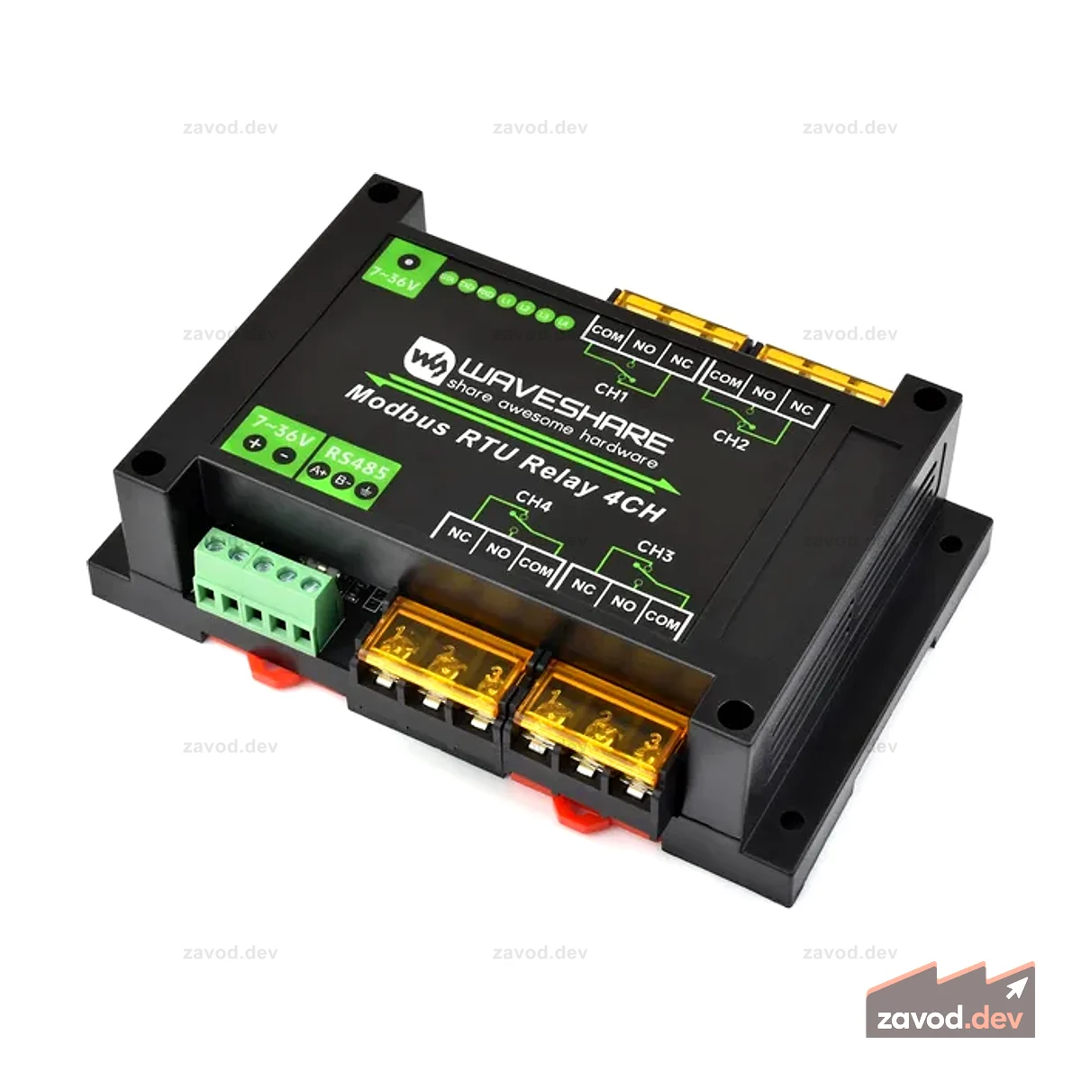 4-канальный промышленный релейный модуль Modbus RTU – 30 А, RS485, светодиодные индикаторы, монтаж на рейку