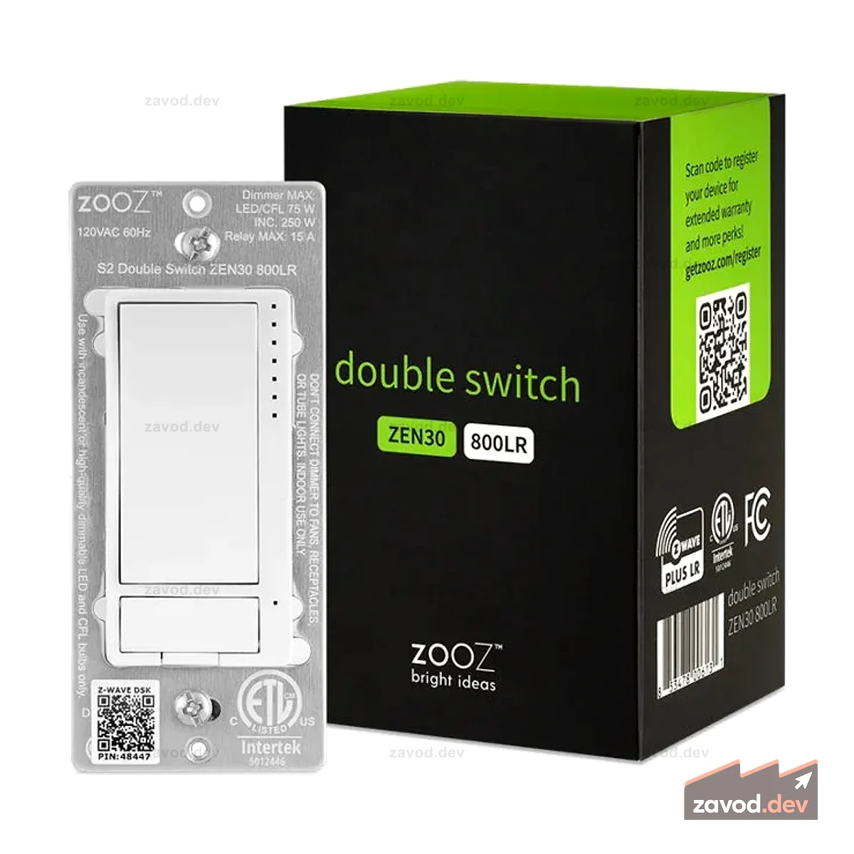 Zooz 800 Series Z-Wave Двойной переключатель дальнего действия ZEN30 800LR (белый) для комбинированного освещения и вентилятора