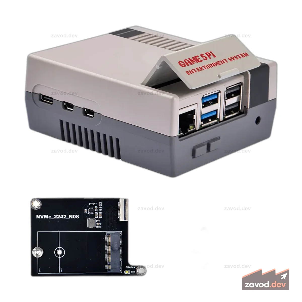 GAME5Pi с платой N08 M.2 NVME PCIE для Raspberry Pi 5, с активным кулером Armor Lite V5