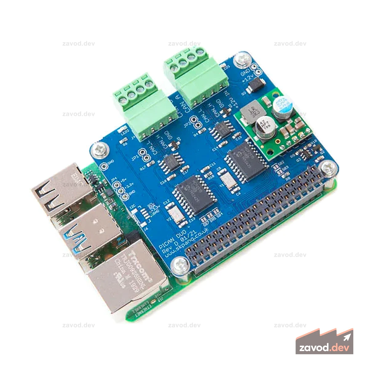 Плата CAN-шины PiCAN 2 Duo для Raspberry Pi 4 с SMPS 3A
Плата