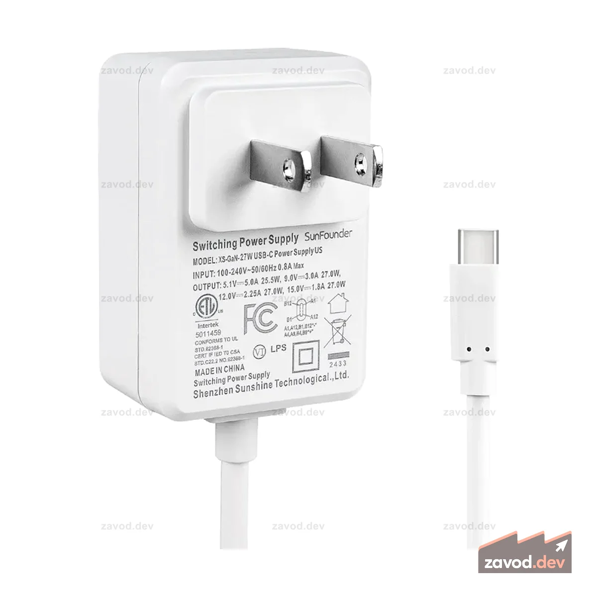 Блок питания SunFounder 27 Вт PD для Raspberry Pi 5, 5,1 В, 5 А GaN, 1,2 м, 3,6 фута, адаптер USB-C для Raspberry Pi 5 8G/4G/2G/Raspberry Pi 4/Pironman 5 (в списке ETL)