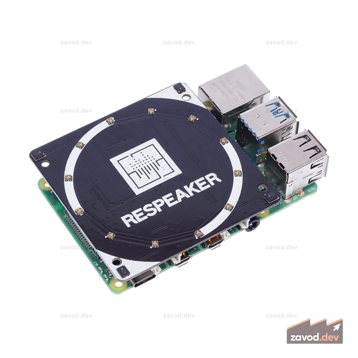 Массив из 4 микрофонов reSpeaker для Raspberry Pi — аудиокодек AC108, 4 аналоговых микрофона, 12 программируемых светодиодов RGB, 2 порта Grove, подключенные к программным алгоритмам NLU, VAD, DOA, KWS