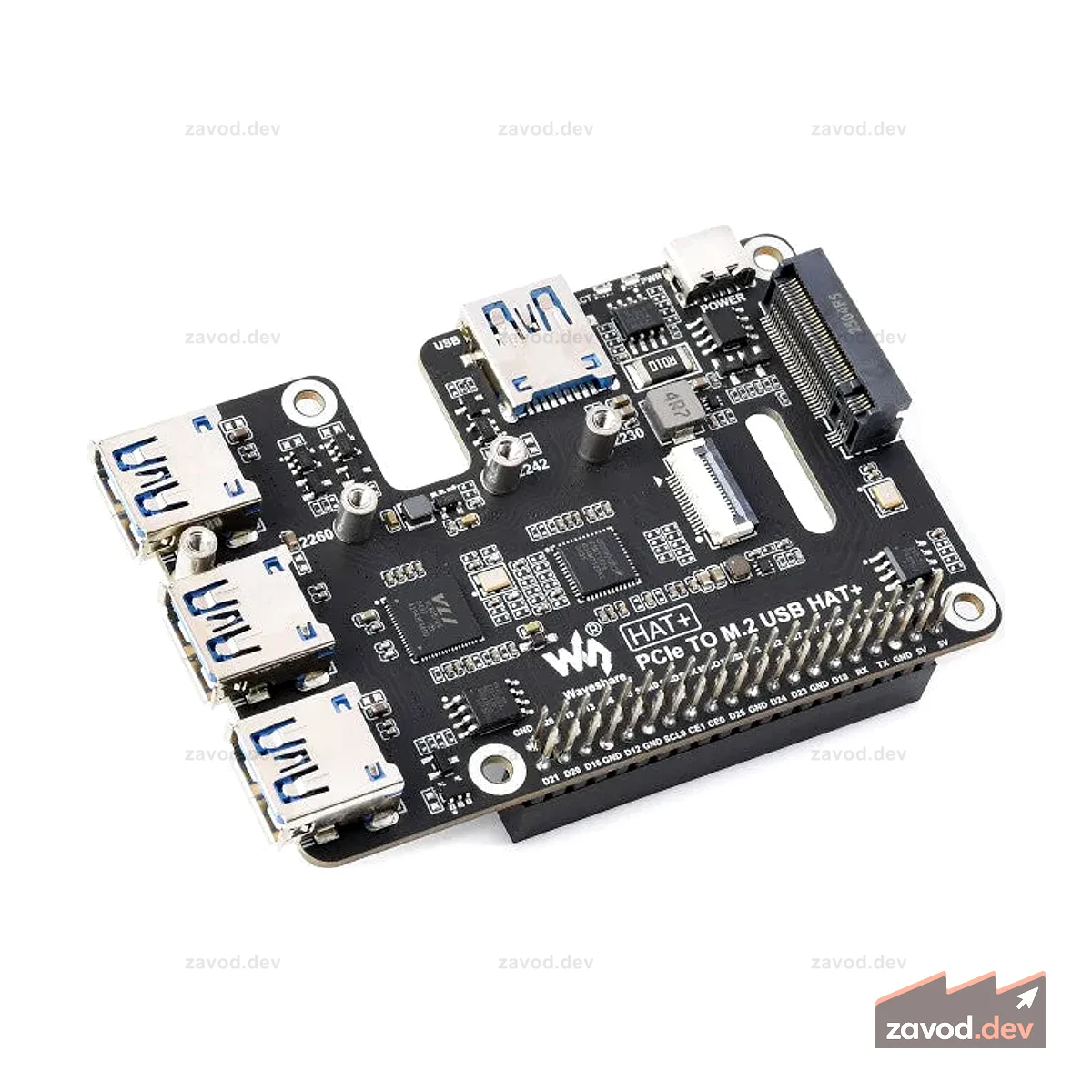 Waveshare Raspberry Pi 5 PCIe — M.2 NVMe/4-канальный USB 3.2 HAT+