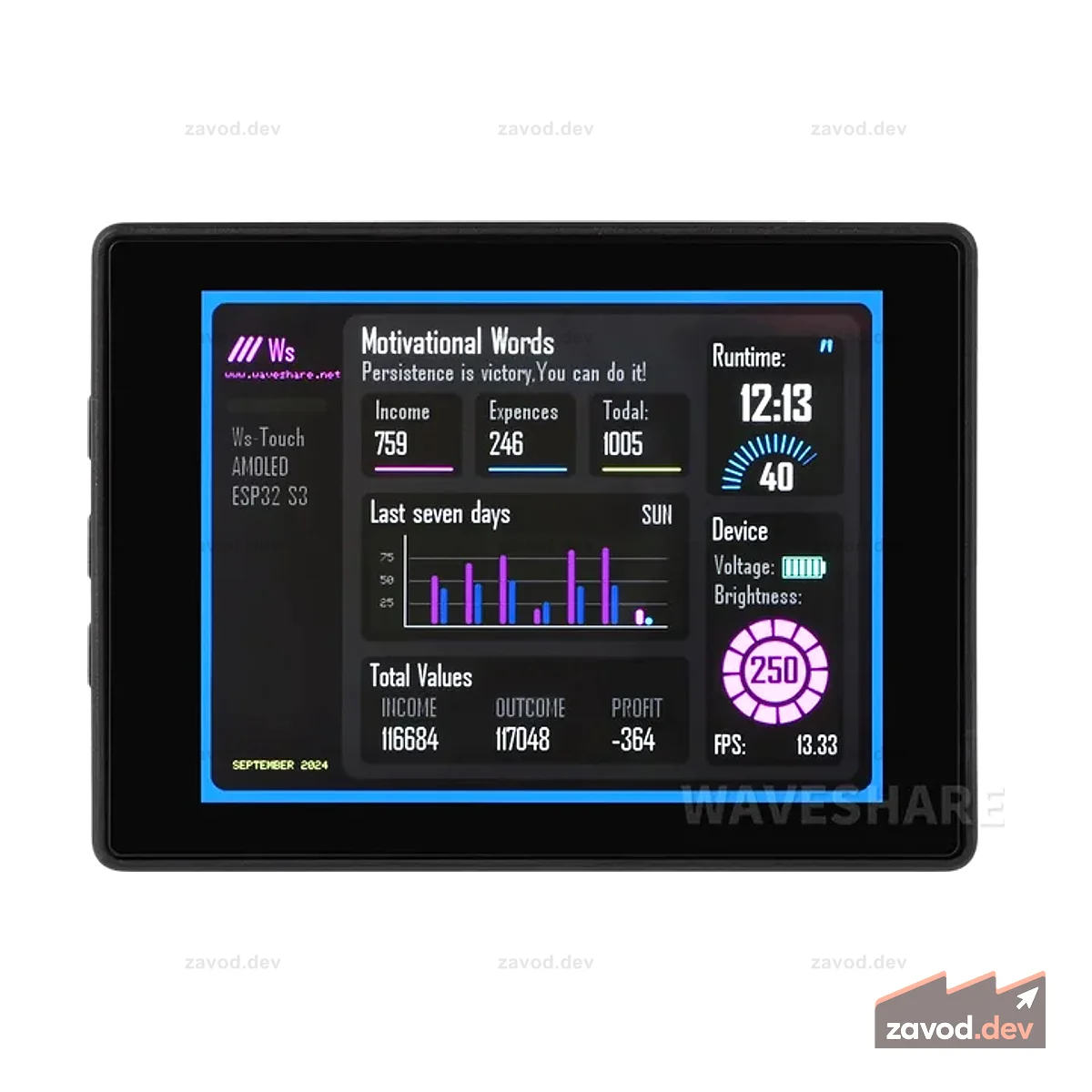 Макетная плата ESP32-S3 — сенсорный AMOLED-дисплей 2,4 дюйма, акселерометр и гироскоп