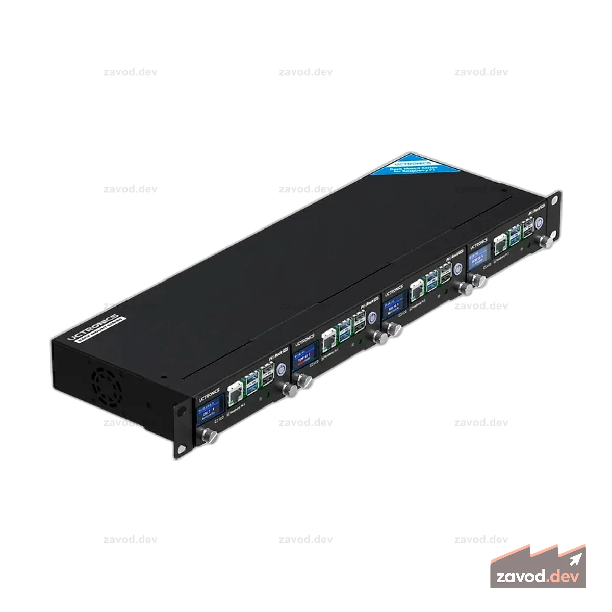 Uctronics Rack Pro для Pi 5 – 19 дюймов, 1U, крепление в стойку с 4 базами M.2 и ЖК-дисплеями