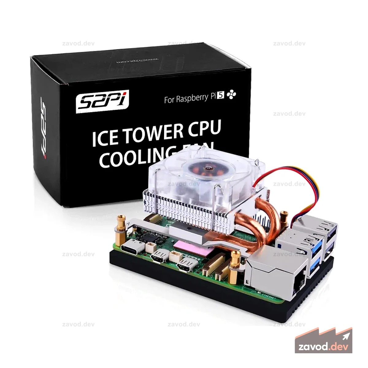 52Pi Низкопрофильный вентилятор охлаждения процессора ICE Tower со светодиодной подсветкой RGB для Raspberry Pi 5