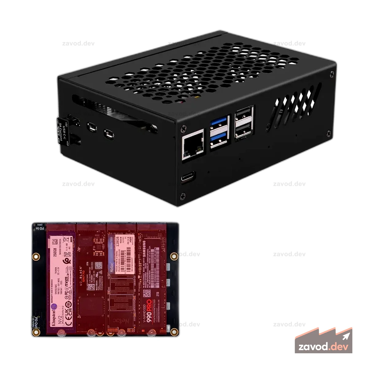 Металлический корпус 52Pi для Raspberry Pi 5, с платой расширения N16 Quad NVMe и активным кулером для Raspberry Pi 5