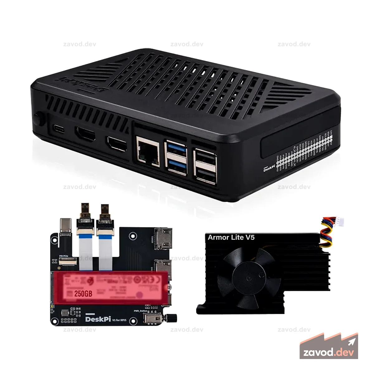 DeskPi Lite для Raspberry Pi 5, с кнопкой питания/радиатором с вентилятором Armor Lite V5/двойным полноразмерным HDMI, поддержкой твердотельного накопителя M.2 NVMe