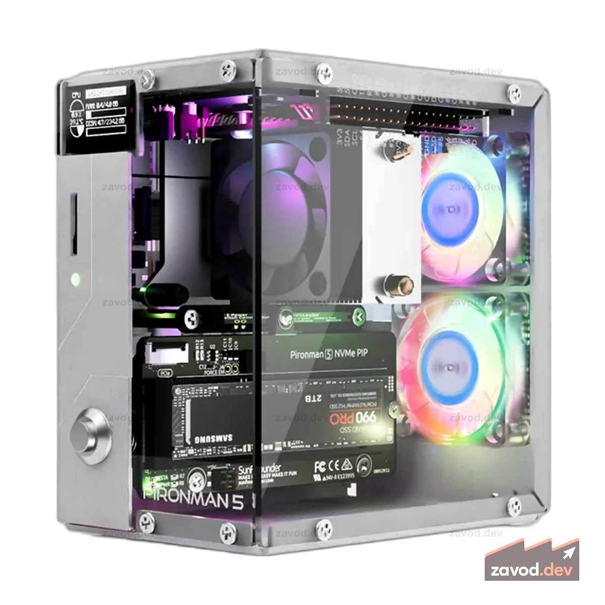 Корпус для мини-ПК Pironman 5 NVMe M.2 PCIe 2.0/3.0 для Raspberry Pi 5 Hailo-8L, AI Agent OpenClaw, башенный кулер + два вентилятора RGB, 0,96-дюймовый OLED-модуль, безопасное отключение, стандартный HDMI, эффект RGB