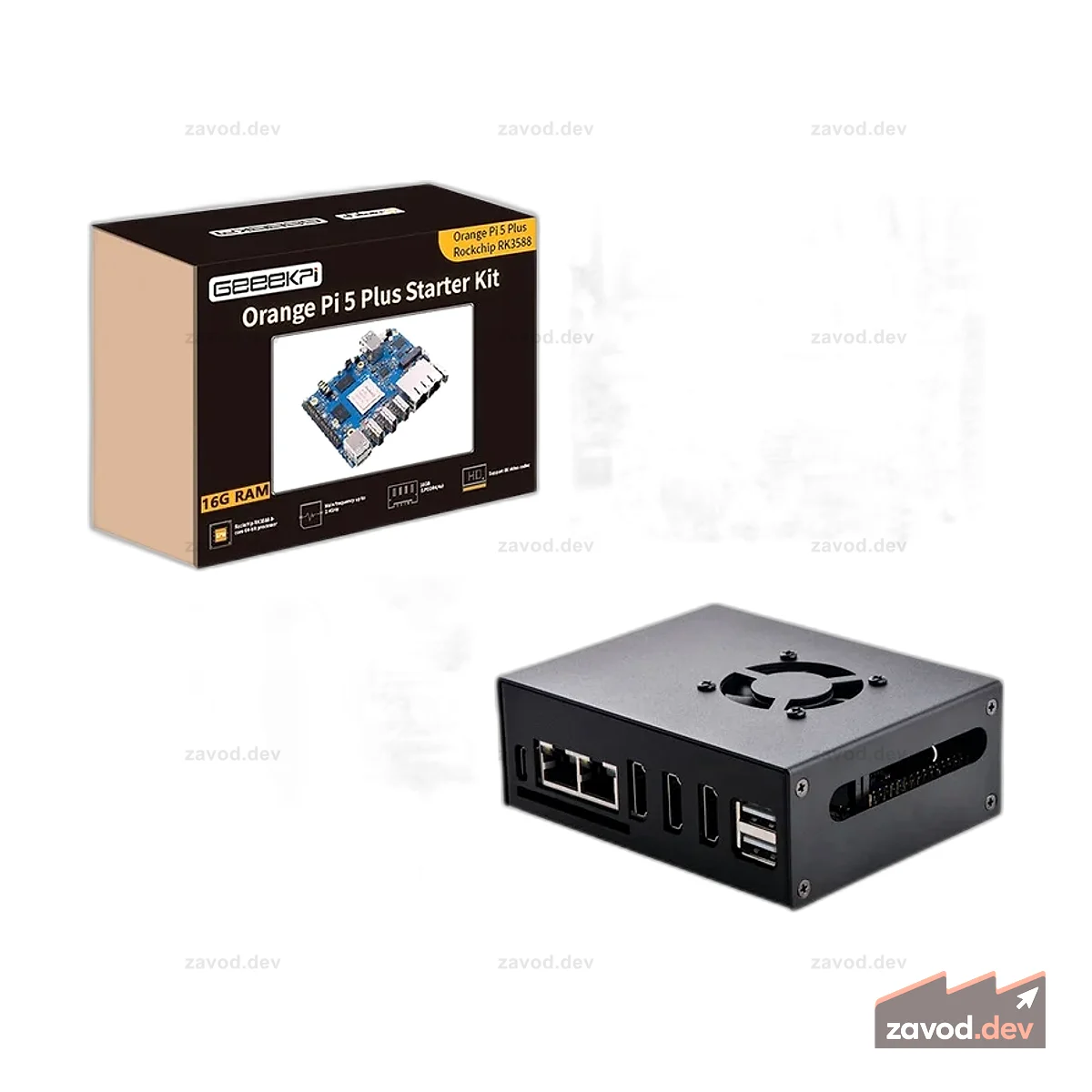 Orange Pi 5 Plus 16 ГБ LPDDR4/4x Rockchip RK3588 8-ядерный 64-битный одноплатный компьютер с разъемом eMMC, металлический корпус OPi 5 Plus, официальный блок питания Orange Pi 5V 4A, 40-мм вентилятор для Orange Pi 5