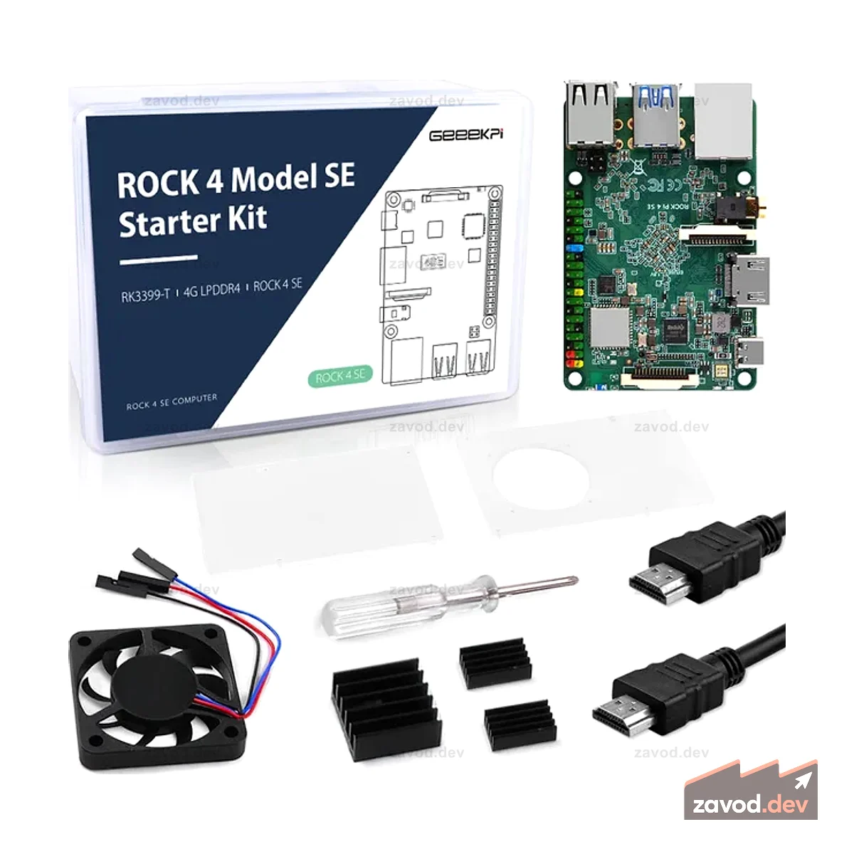 52Pi Rock Pi 4 Model SE Стартовый комплект с одноплатным компьютером Rock Pi 4 SE 4 ГБ, корпусом Rock Pi 4 SE, ШИМ-вентилятором Rock Pi 4 SE 4007 с регулировкой скорости и радиаторами Rock Pi 4 SE