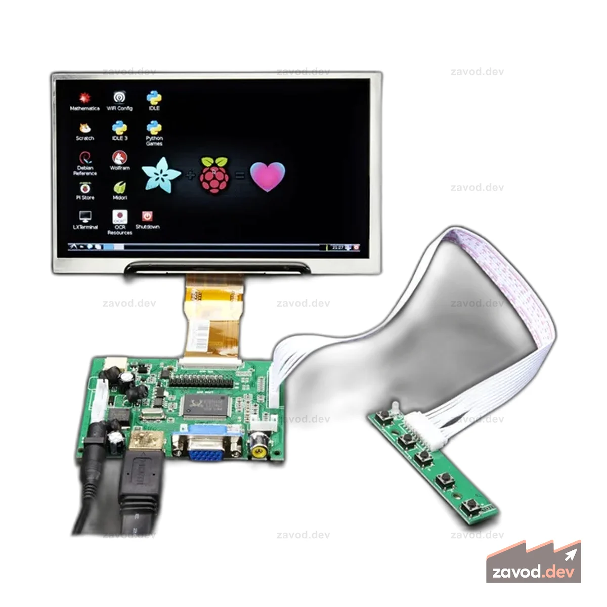 HDMI 4 Pi: 7 Дисплей без сенсорного экрана 1024x600 – HDMI/VGA/NTSC/PAL