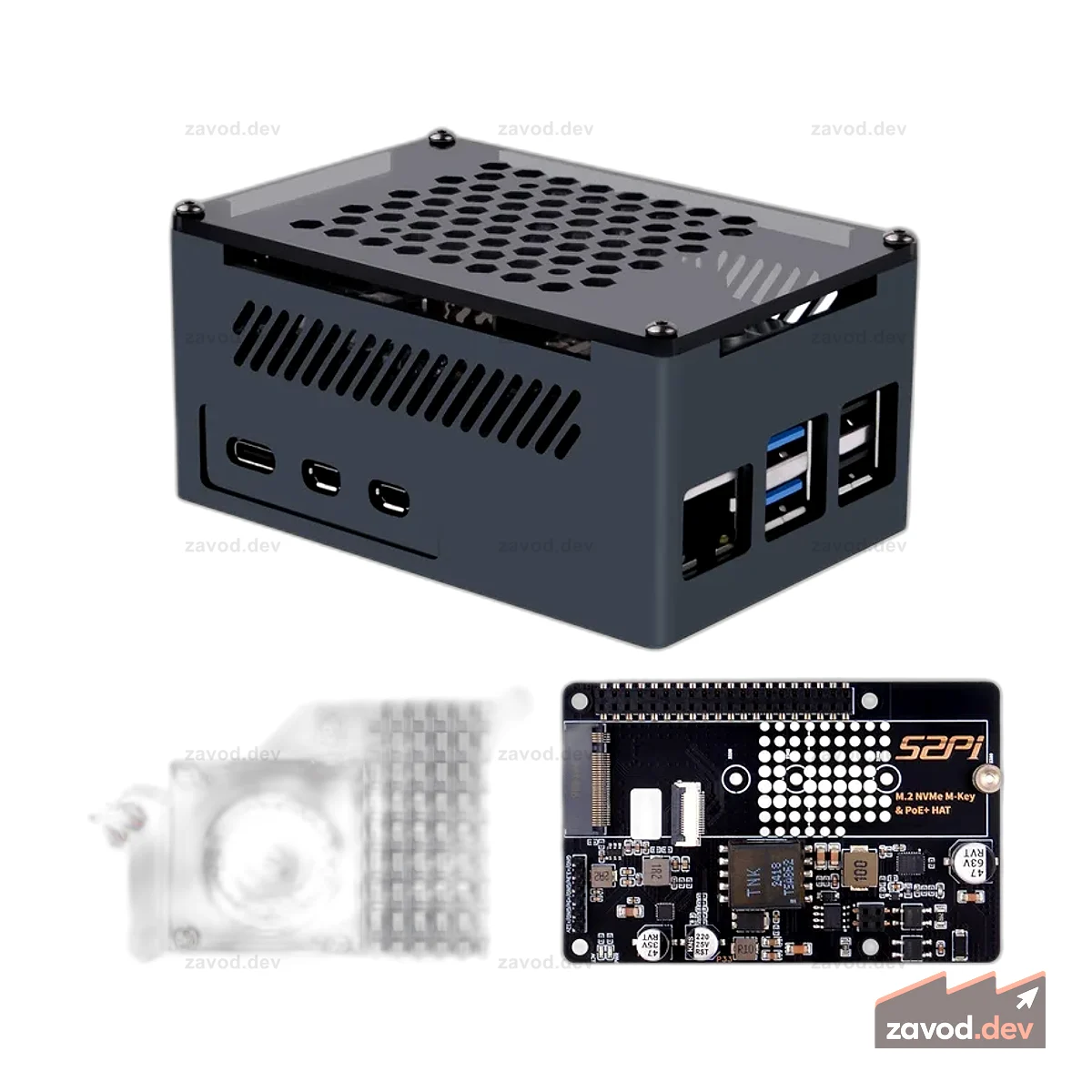 52Pi для Raspberry Pi 5, с официальным активным кулером + P33 M.2 NVMe M-Key PoE + HAT