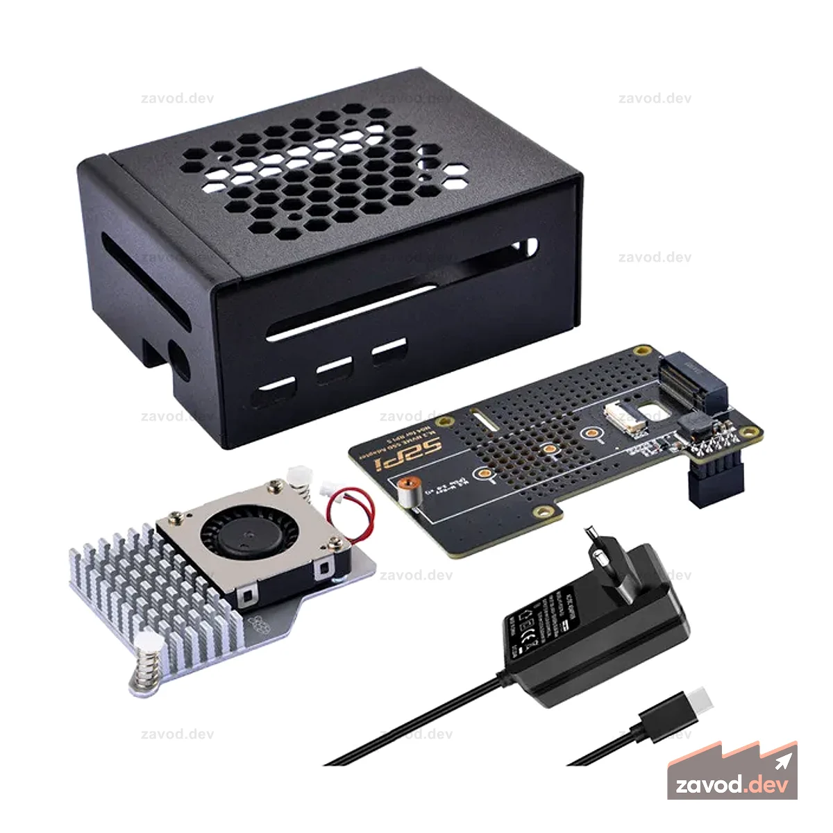 52Pi N04 M.2 2280 Верхняя плата адаптера расширения PCIe к NVMe с металлическим корпусом, включая блок питания и официальный кулер для Raspberry Pi 5