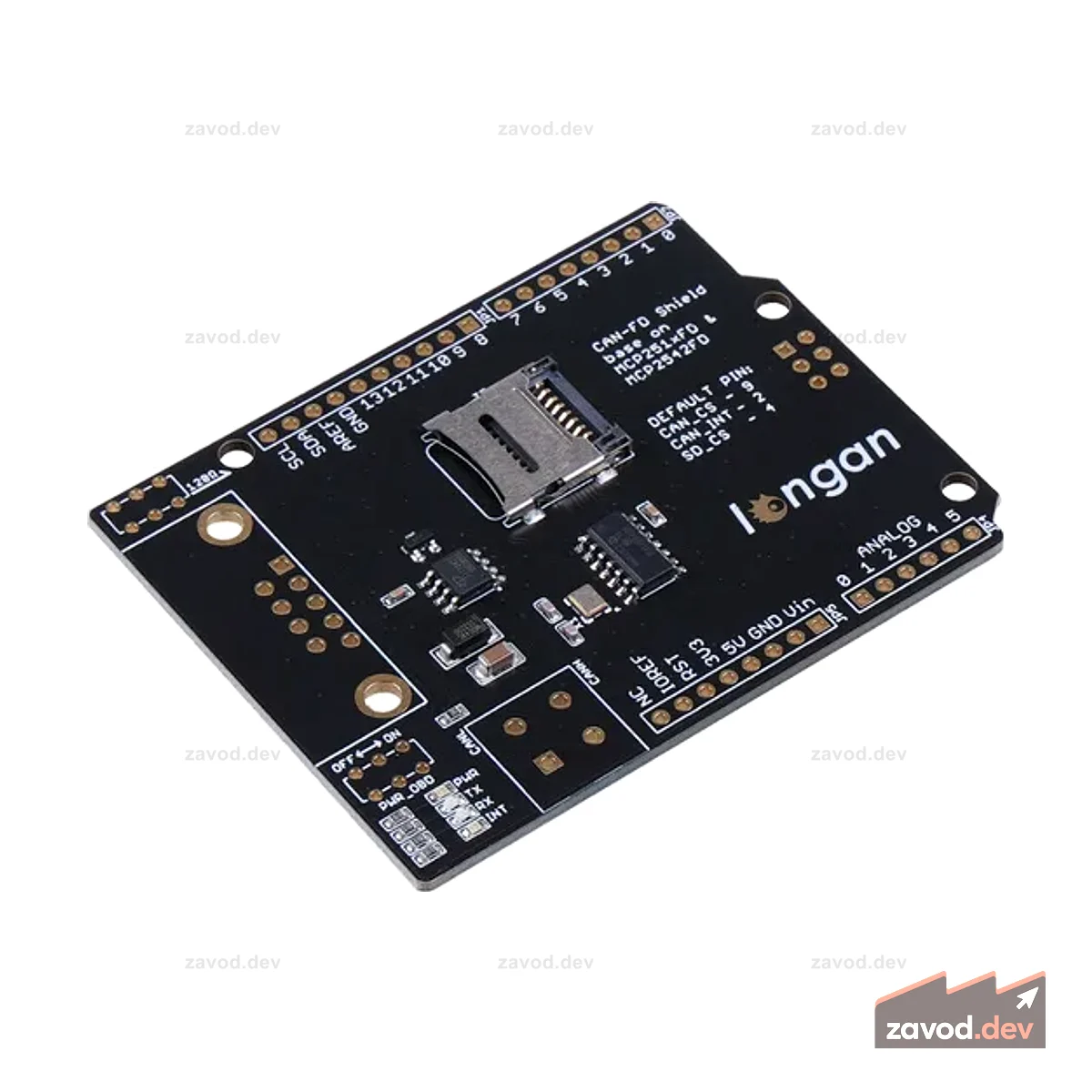 CAN FD Shield для Arduino - CAN-FD, CAN 2.0, промышленный стандарт, 9-контактный Sub-D, высокоскоростной интерфейс SPI, выбираемые стандартные выводы OBD-II и CAN, регулируемый выбор микросхемы и контакты INT