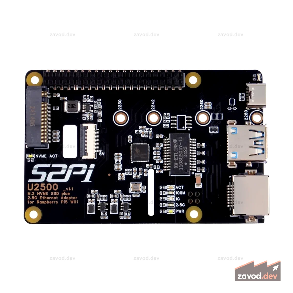 52Pi M.2 NVMe SSD Plus 2.5G Ethernet-адаптер для Raspberry Pi 5, шляпа W01 U2500 с расширением NVMe SSD, сетевой порт USB 2.5G, разъем GPIO, поддержка M.2 NVMe M-Key 2230/2242/2260/2280 SSD