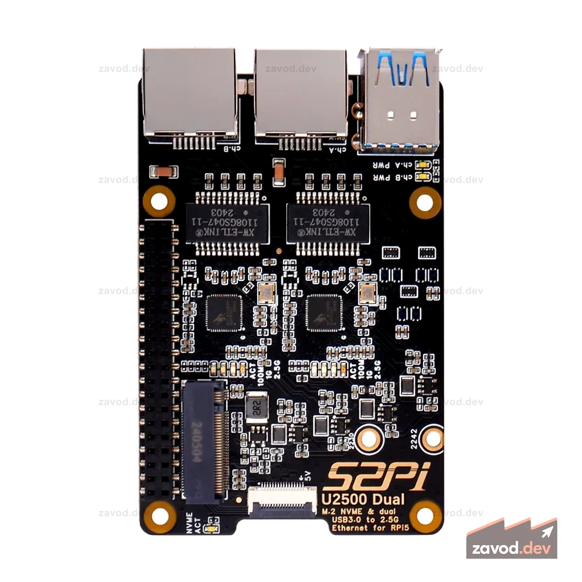 52Pi U2500 Dual M.2 NVME USB3.0 до 2,5g Ethernet для Raspberry Pi 5, поддержка твердотельных накопителей M.2 NVMe M-key 2230/2242