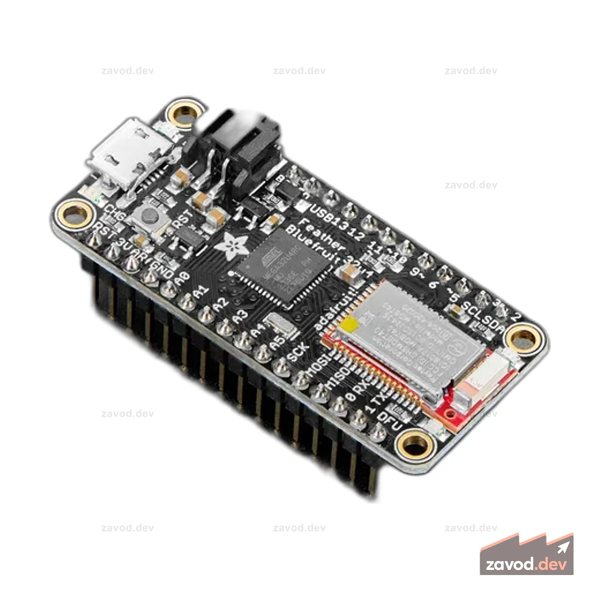 Adafruit Feather 32u4 Bluefruit LE с жатками — в сборе