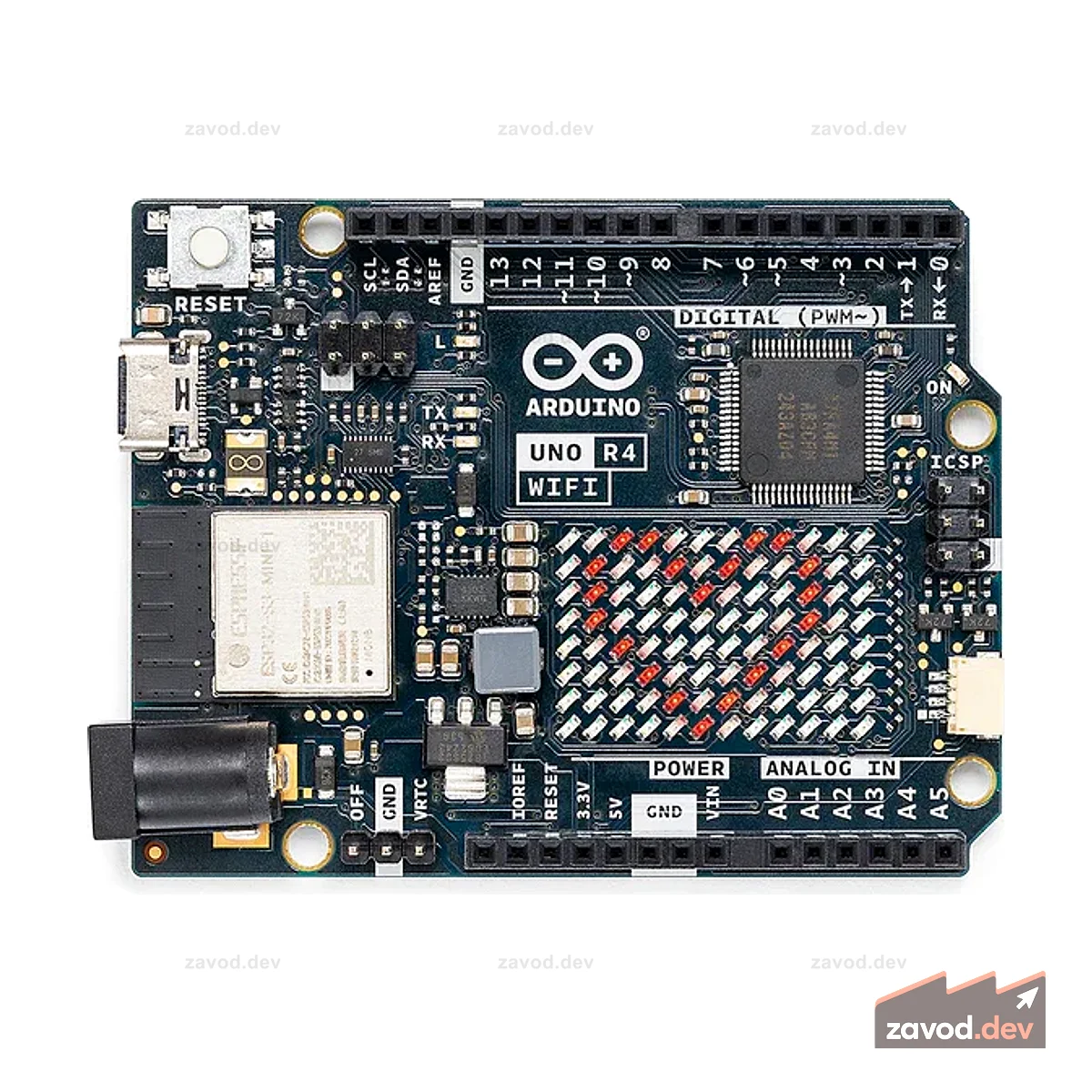 Arduino UNO Rev4 WiFi, 32-бит, Renesas RA4M1 - Arm Cortex -M4, модуль ESP32-S3 Wi-Fi®, Bluetooth, светодиодная матрица 12x8, разъем Qwiic, VRTC